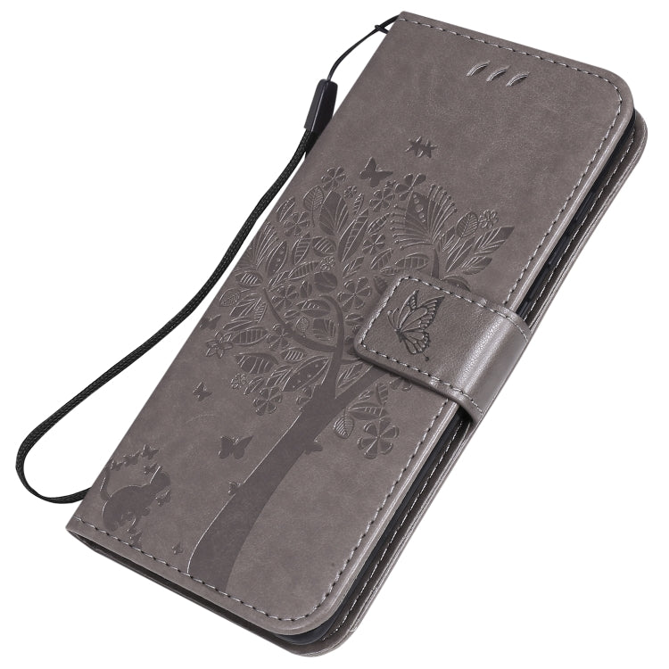For Samsung Galaxy A41 Tree & Cat Embossed Pattern Horizontal Flip Leather Case with Holder & Card Slots & Wallet & Lanyard