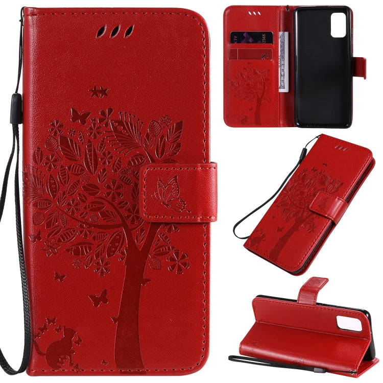 For Samsung Galaxy A41 Tree & Cat Embossed Pattern Horizontal Flip Leather Case with Holder & Card Slots & Wallet & Lanyard