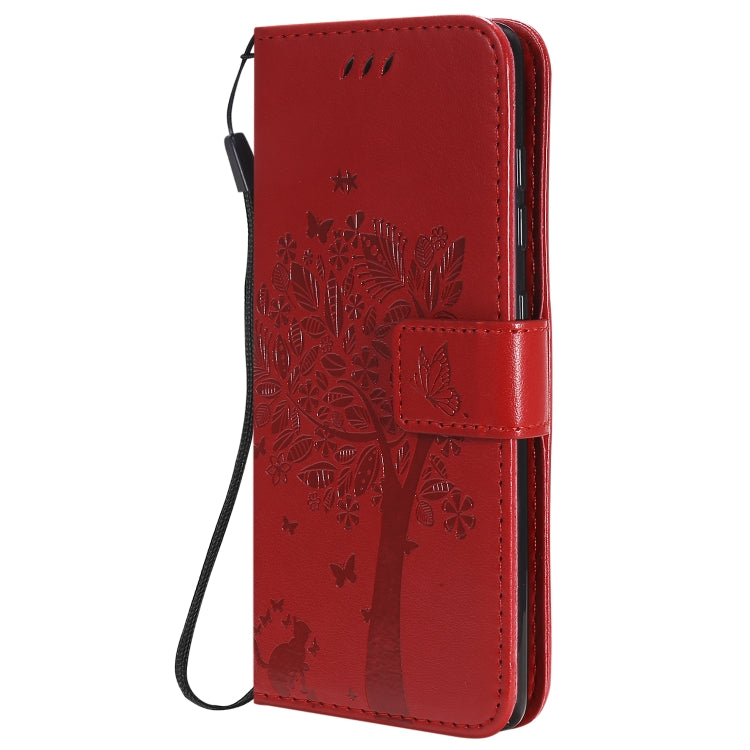For Samsung Galaxy A41 Tree & Cat Embossed Pattern Horizontal Flip Leather Case with Holder & Card Slots & Wallet & Lanyard