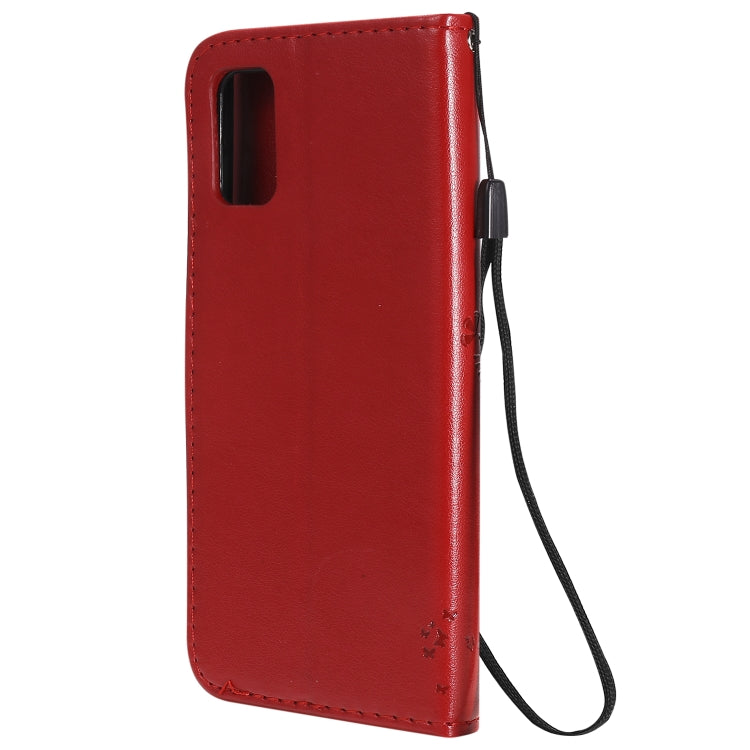 For Samsung Galaxy A41 Tree & Cat Embossed Pattern Horizontal Flip Leather Case with Holder & Card Slots & Wallet & Lanyard