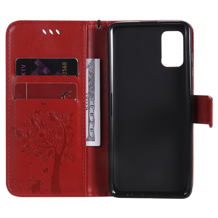 For Samsung Galaxy A41 Tree & Cat Embossed Pattern Horizontal Flip Leather Case with Holder & Card Slots & Wallet & Lanyard