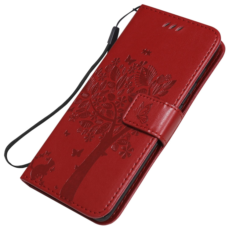 For Samsung Galaxy A41 Tree & Cat Embossed Pattern Horizontal Flip Leather Case with Holder & Card Slots & Wallet & Lanyard