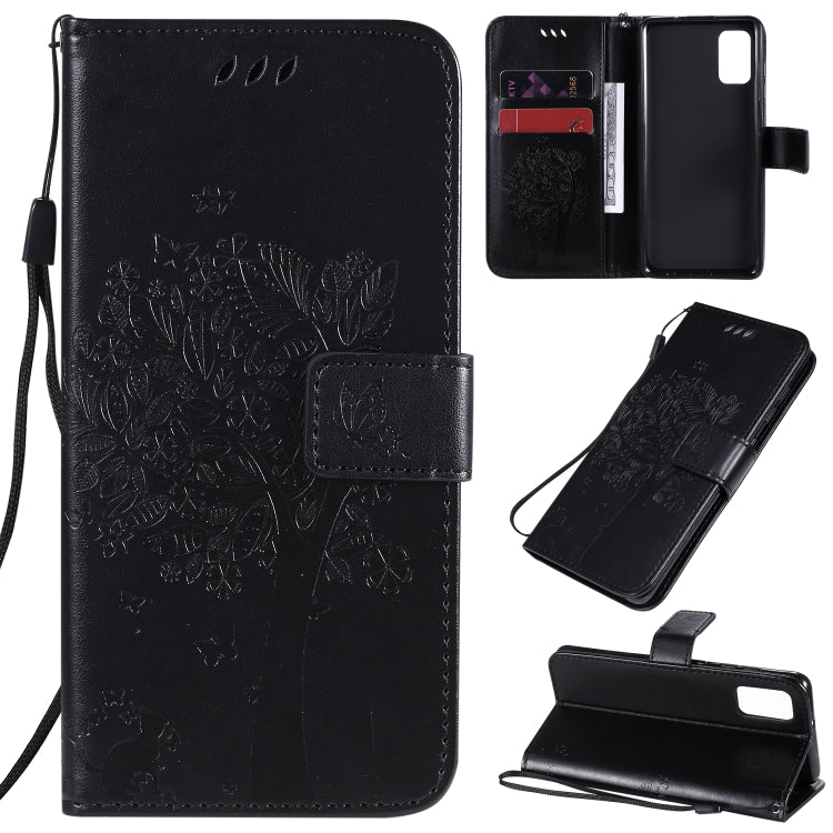 For Samsung Galaxy A41 Tree & Cat Embossed Pattern Horizontal Flip Leather Case with Holder & Card Slots & Wallet & Lanyard