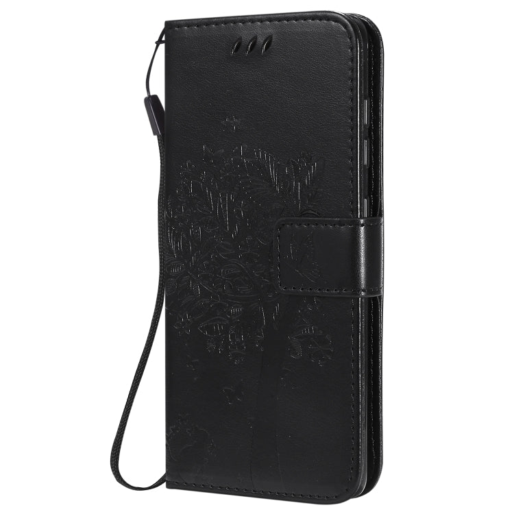 For Samsung Galaxy A41 Tree & Cat Embossed Pattern Horizontal Flip Leather Case with Holder & Card Slots & Wallet & Lanyard
