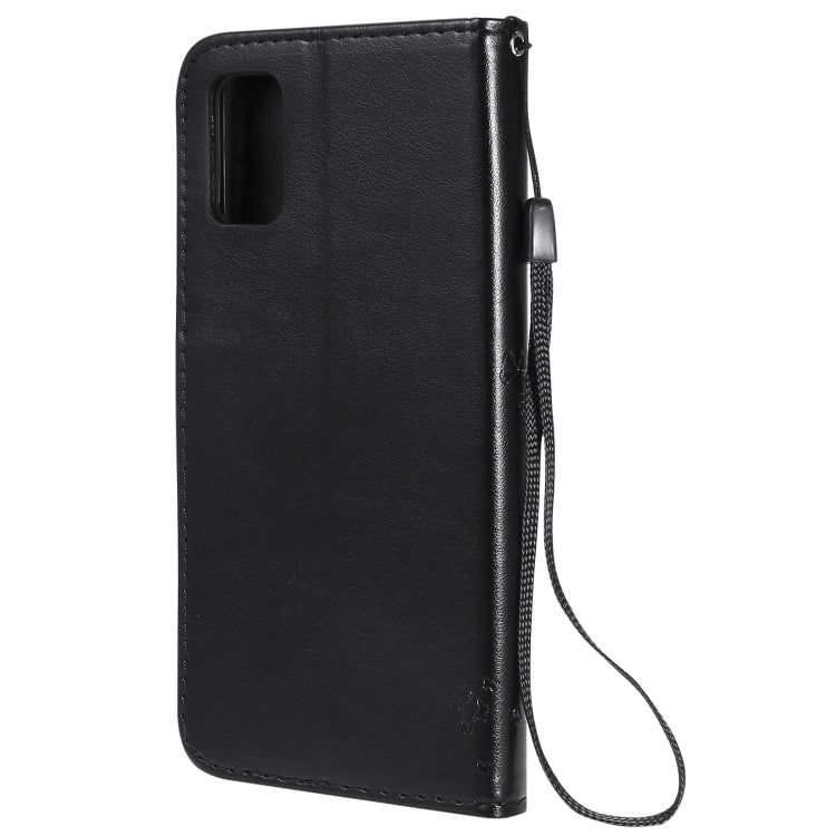 For Samsung Galaxy A41 Tree & Cat Embossed Pattern Horizontal Flip Leather Case with Holder & Card Slots & Wallet & Lanyard