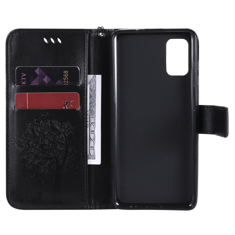 For Samsung Galaxy A41 Tree & Cat Embossed Pattern Horizontal Flip Leather Case with Holder & Card Slots & Wallet & Lanyard