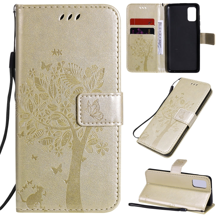 For Samsung Galaxy A41 Tree & Cat Embossed Pattern Horizontal Flip Leather Case with Holder & Card Slots & Wallet & Lanyard