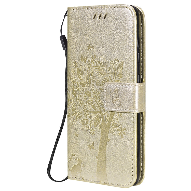 For Samsung Galaxy A41 Tree & Cat Embossed Pattern Horizontal Flip Leather Case with Holder & Card Slots & Wallet & Lanyard