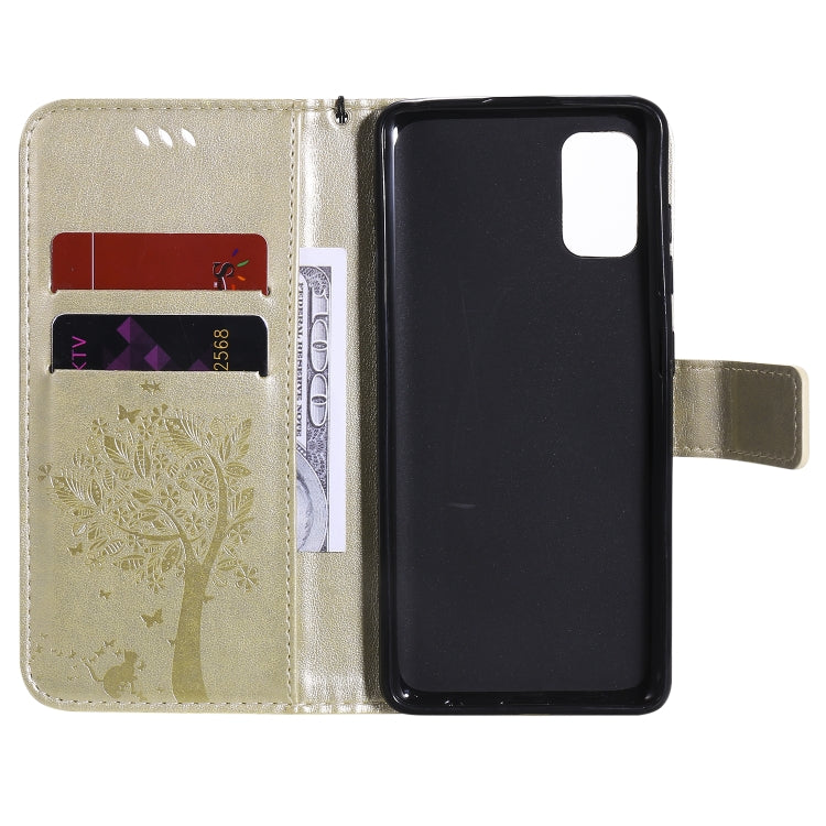 For Samsung Galaxy A41 Tree & Cat Embossed Pattern Horizontal Flip Leather Case with Holder & Card Slots & Wallet & Lanyard