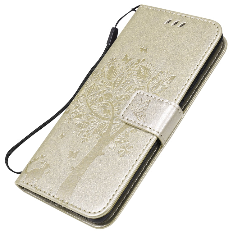 For Samsung Galaxy A41 Tree & Cat Embossed Pattern Horizontal Flip Leather Case with Holder & Card Slots & Wallet & Lanyard