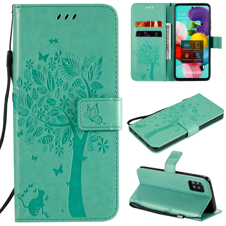 For Samsung Galaxy A51 5G Tree & Cat Embossed Pattern Horizontal Flip Leather Case with Holder & Card Slots & Wallet & Lanyard