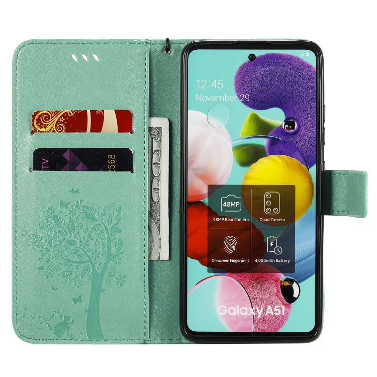 For Samsung Galaxy A51 5G Tree & Cat Embossed Pattern Horizontal Flip Leather Case with Holder & Card Slots & Wallet & Lanyard