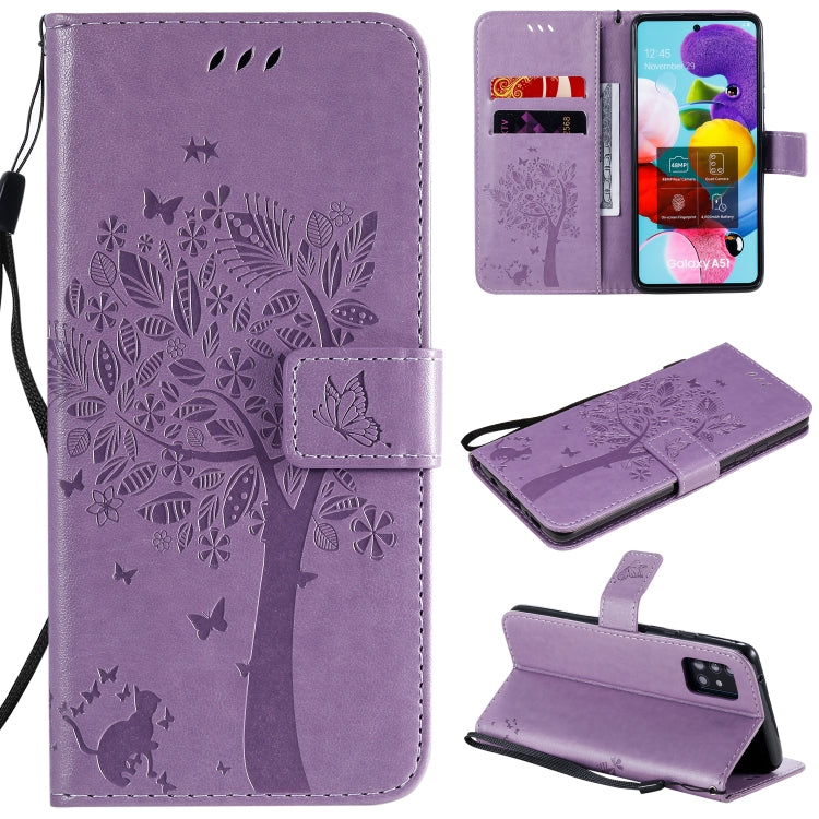 For Samsung Galaxy A51 5G Tree & Cat Embossed Pattern Horizontal Flip Leather Case with Holder & Card Slots & Wallet & Lanyard