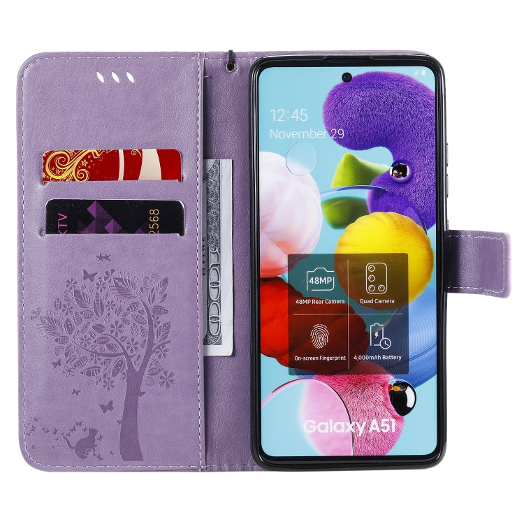 For Samsung Galaxy A51 5G Tree & Cat Embossed Pattern Horizontal Flip Leather Case with Holder & Card Slots & Wallet & Lanyard