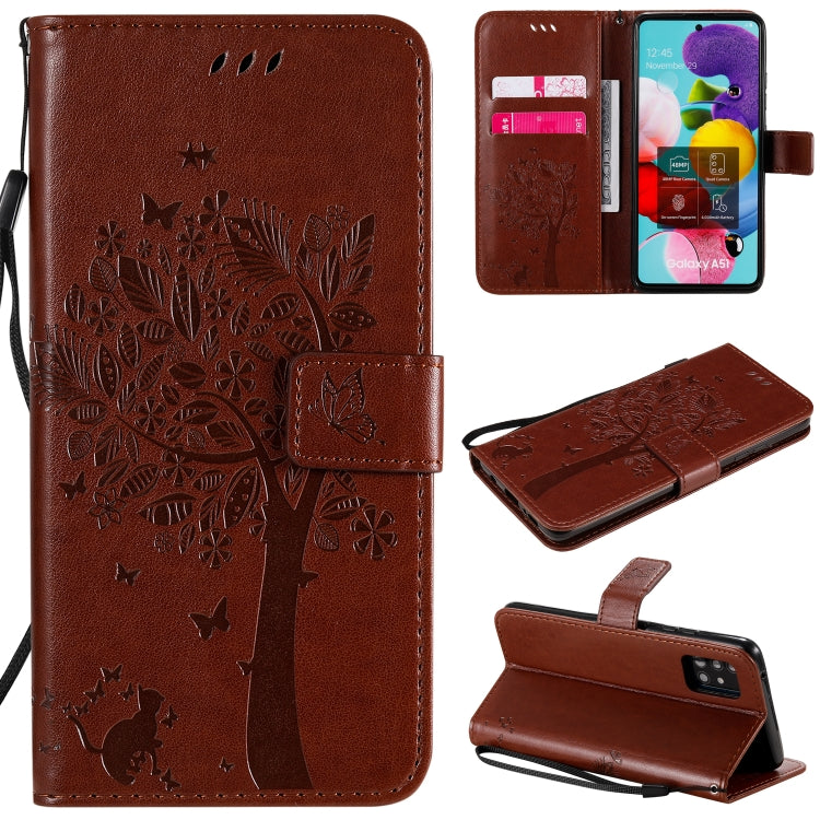 For Samsung Galaxy A51 5G Tree & Cat Embossed Pattern Horizontal Flip Leather Case with Holder & Card Slots & Wallet & Lanyard
