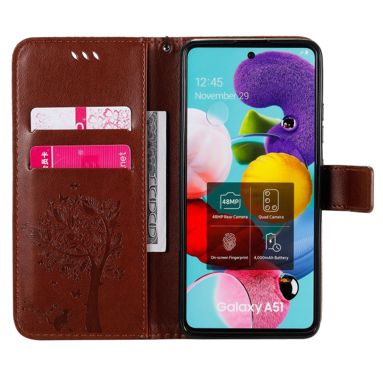 For Samsung Galaxy A51 5G Tree & Cat Embossed Pattern Horizontal Flip Leather Case with Holder & Card Slots & Wallet & Lanyard