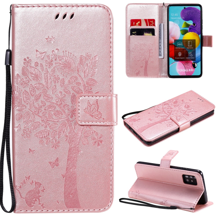 For Samsung Galaxy A51 5G Tree & Cat Embossed Pattern Horizontal Flip Leather Case with Holder & Card Slots & Wallet & Lanyard