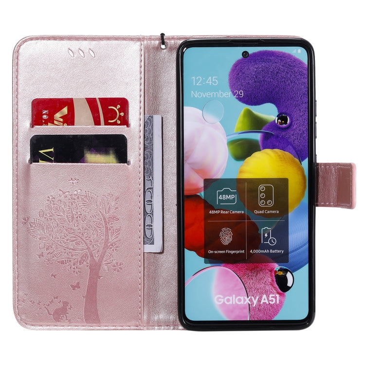 For Samsung Galaxy A51 5G Tree & Cat Embossed Pattern Horizontal Flip Leather Case with Holder & Card Slots & Wallet & Lanyard