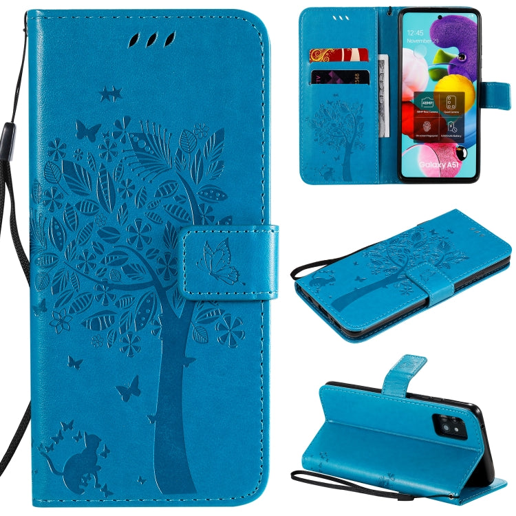 For Samsung Galaxy A51 5G Tree & Cat Embossed Pattern Horizontal Flip Leather Case with Holder & Card Slots & Wallet & Lanyard