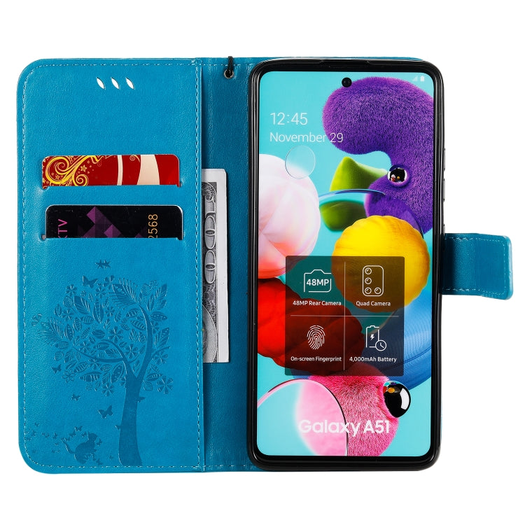 For Samsung Galaxy A51 5G Tree & Cat Embossed Pattern Horizontal Flip Leather Case with Holder & Card Slots & Wallet & Lanyard
