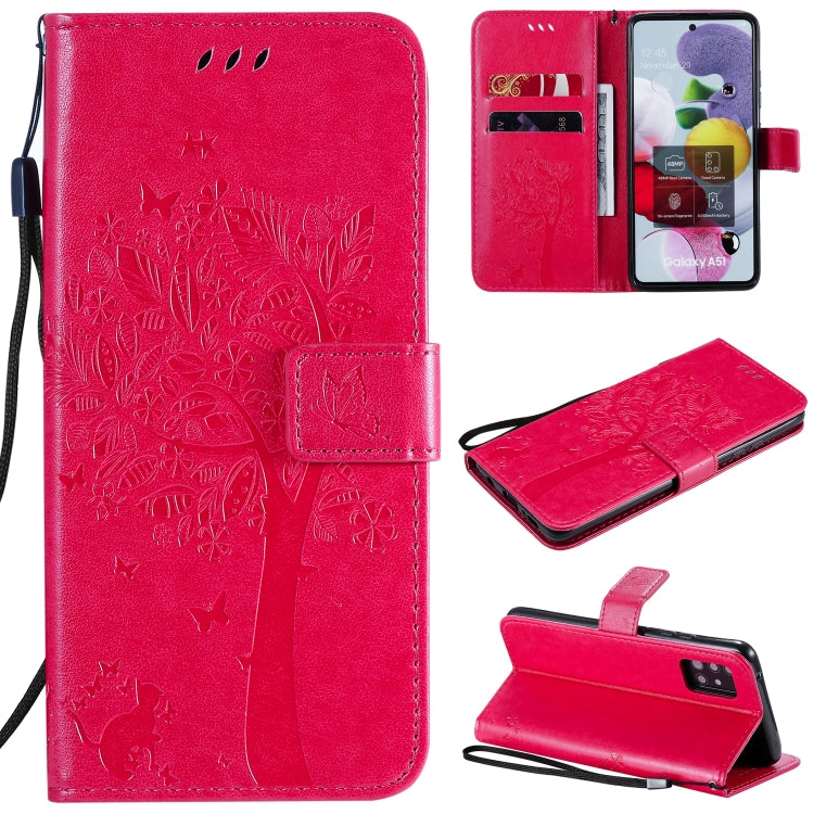 For Samsung Galaxy A51 5G Tree & Cat Embossed Pattern Horizontal Flip Leather Case with Holder & Card Slots & Wallet & Lanyard