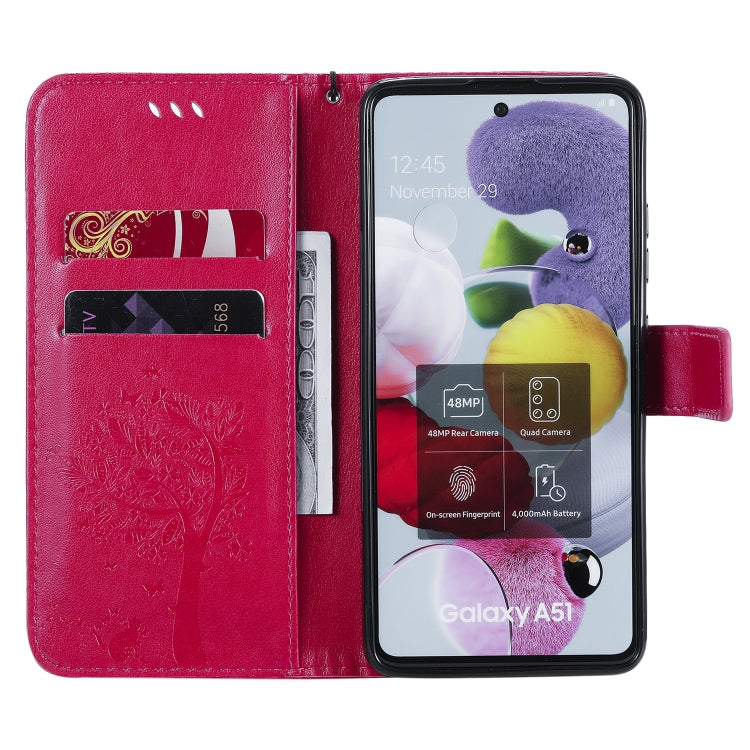 For Samsung Galaxy A51 5G Tree & Cat Embossed Pattern Horizontal Flip Leather Case with Holder & Card Slots & Wallet & Lanyard