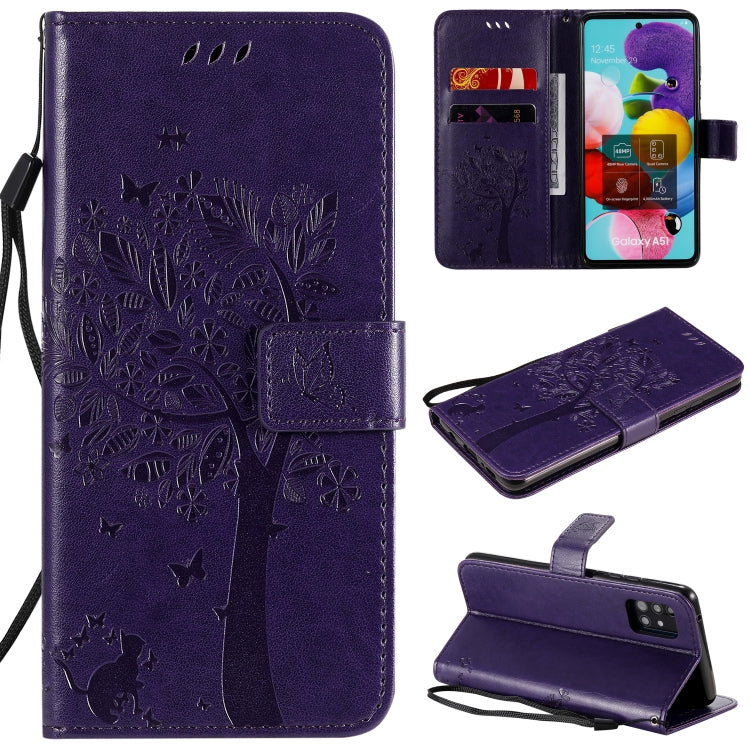 For Samsung Galaxy A51 5G Tree & Cat Embossed Pattern Horizontal Flip Leather Case with Holder & Card Slots & Wallet & Lanyard