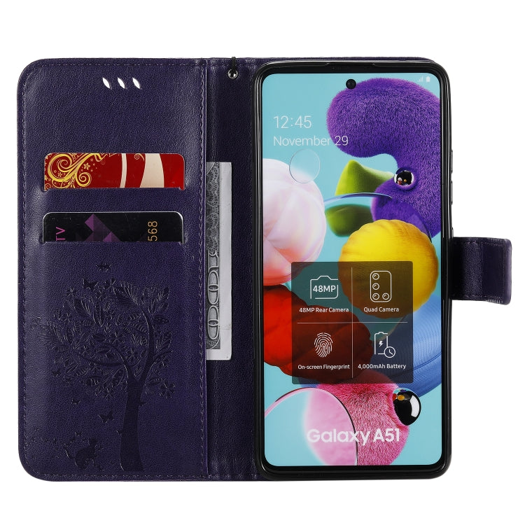 For Samsung Galaxy A51 5G Tree & Cat Embossed Pattern Horizontal Flip Leather Case with Holder & Card Slots & Wallet & Lanyard