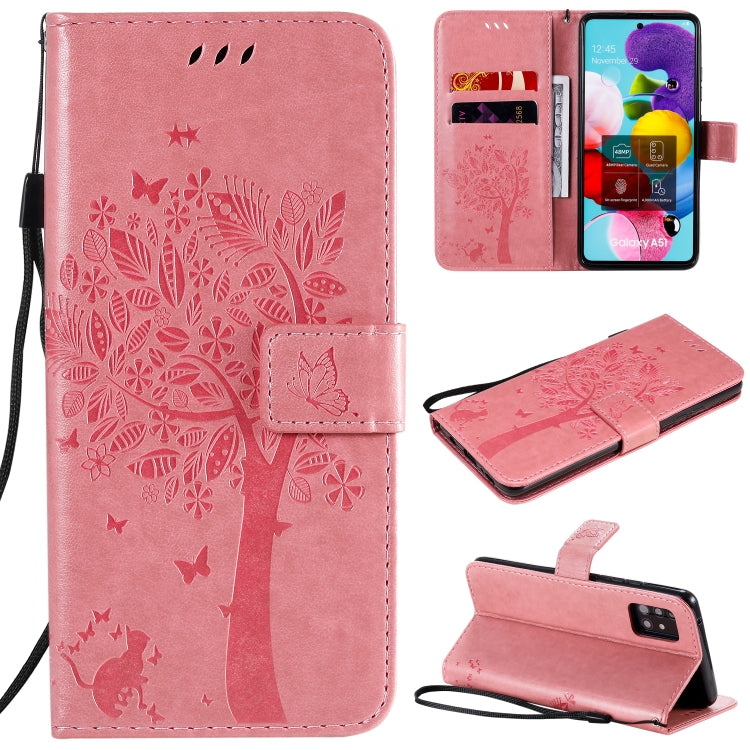 For Samsung Galaxy A51 5G Tree & Cat Embossed Pattern Horizontal Flip Leather Case with Holder & Card Slots & Wallet & Lanyard