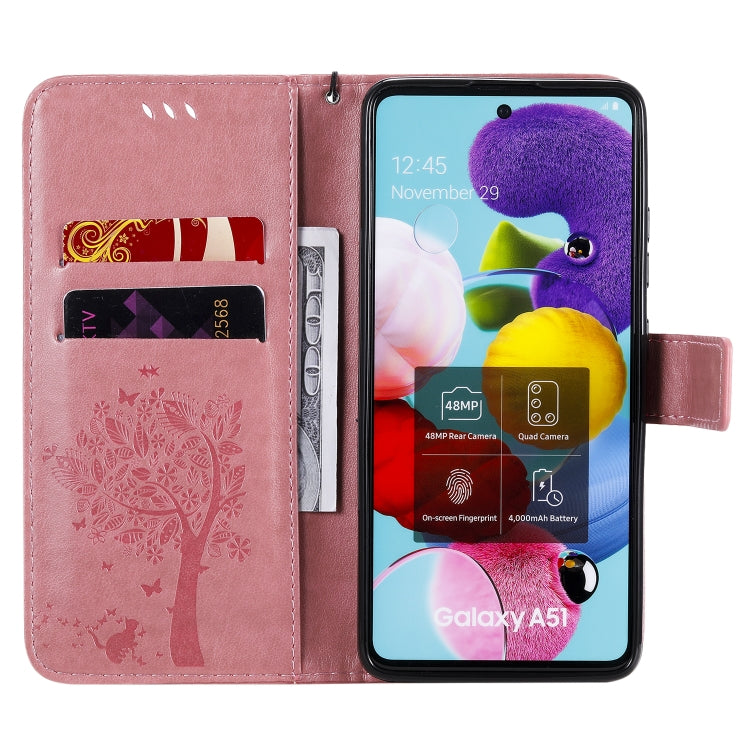 For Samsung Galaxy A51 5G Tree & Cat Embossed Pattern Horizontal Flip Leather Case with Holder & Card Slots & Wallet & Lanyard