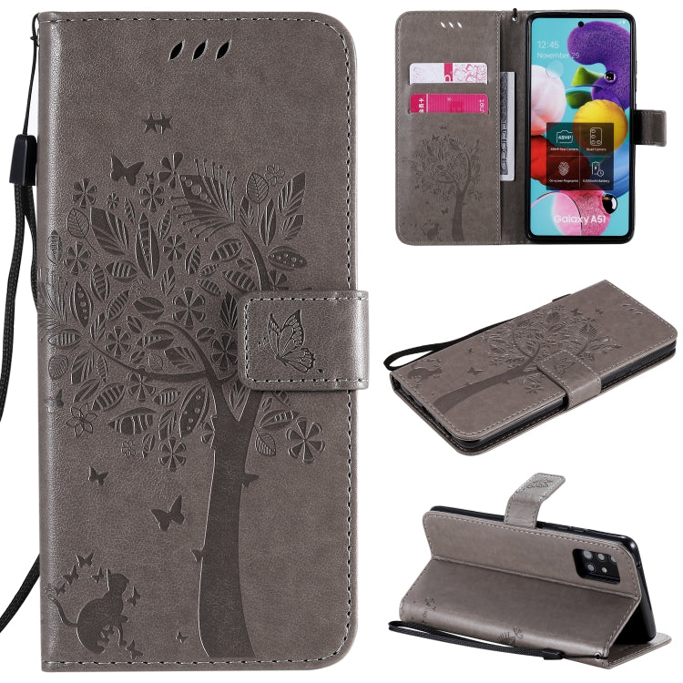For Samsung Galaxy A51 5G Tree & Cat Embossed Pattern Horizontal Flip Leather Case with Holder & Card Slots & Wallet & Lanyard