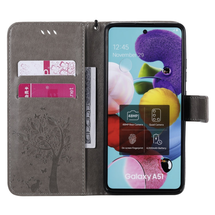 For Samsung Galaxy A51 5G Tree & Cat Embossed Pattern Horizontal Flip Leather Case with Holder & Card Slots & Wallet & Lanyard