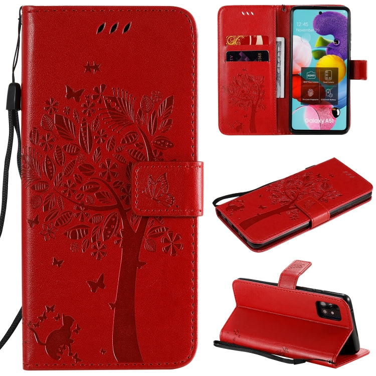 For Samsung Galaxy A51 5G Tree & Cat Embossed Pattern Horizontal Flip Leather Case with Holder & Card Slots & Wallet & Lanyard