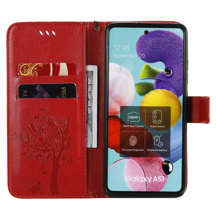 For Samsung Galaxy A51 5G Tree & Cat Embossed Pattern Horizontal Flip Leather Case with Holder & Card Slots & Wallet & Lanyard