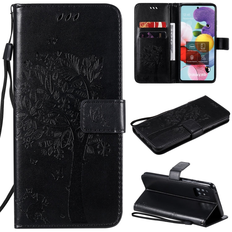 For Samsung Galaxy A51 5G Tree & Cat Embossed Pattern Horizontal Flip Leather Case with Holder & Card Slots & Wallet & Lanyard