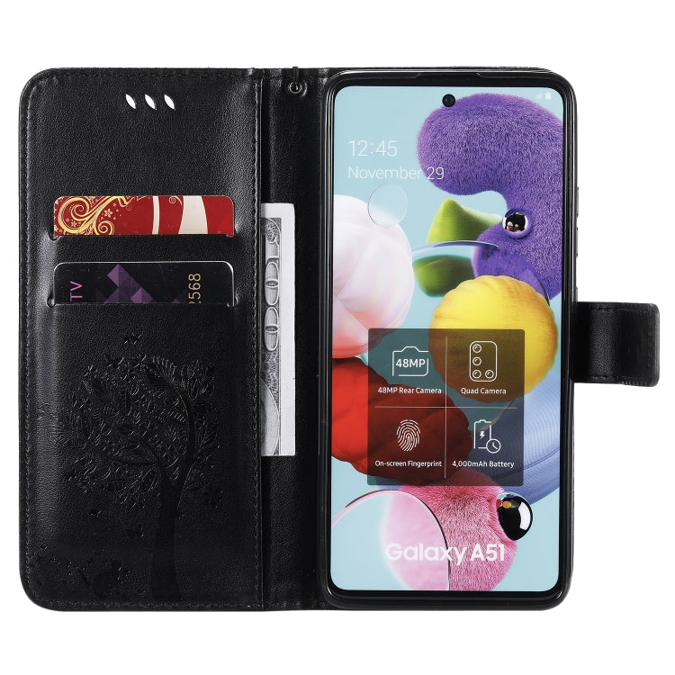 For Samsung Galaxy A51 5G Tree & Cat Embossed Pattern Horizontal Flip Leather Case with Holder & Card Slots & Wallet & Lanyard