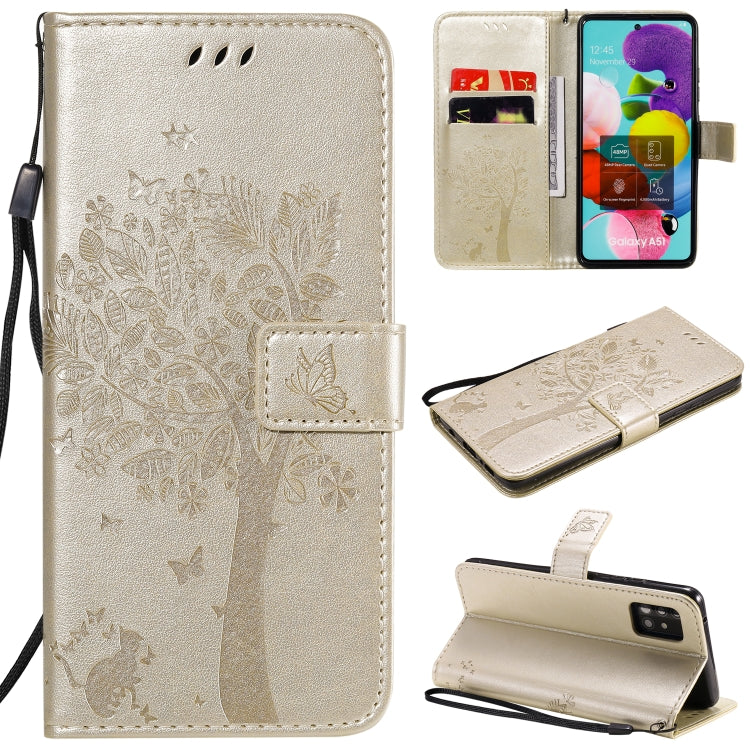 For Samsung Galaxy A51 5G Tree & Cat Embossed Pattern Horizontal Flip Leather Case with Holder & Card Slots & Wallet & Lanyard