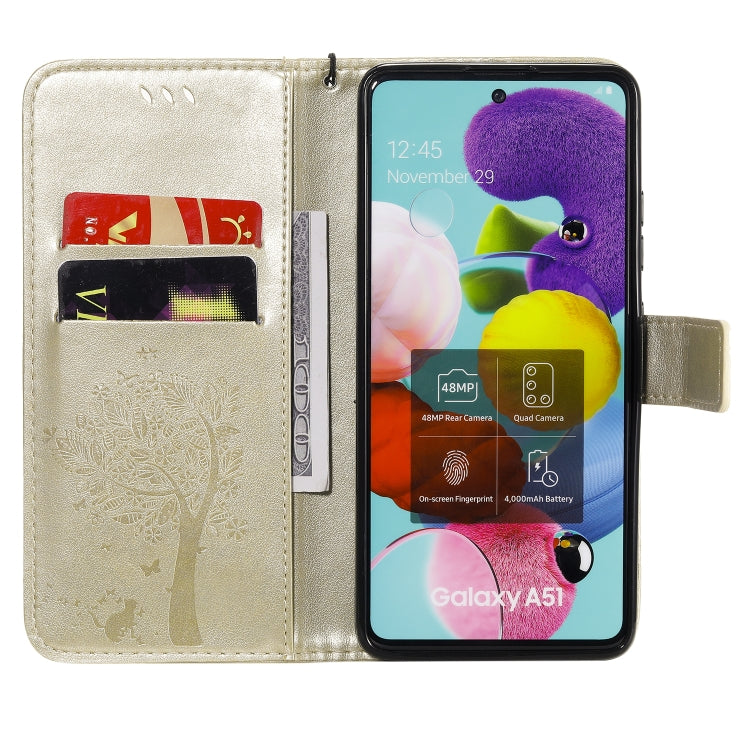 For Samsung Galaxy A51 5G Tree & Cat Embossed Pattern Horizontal Flip Leather Case with Holder & Card Slots & Wallet & Lanyard