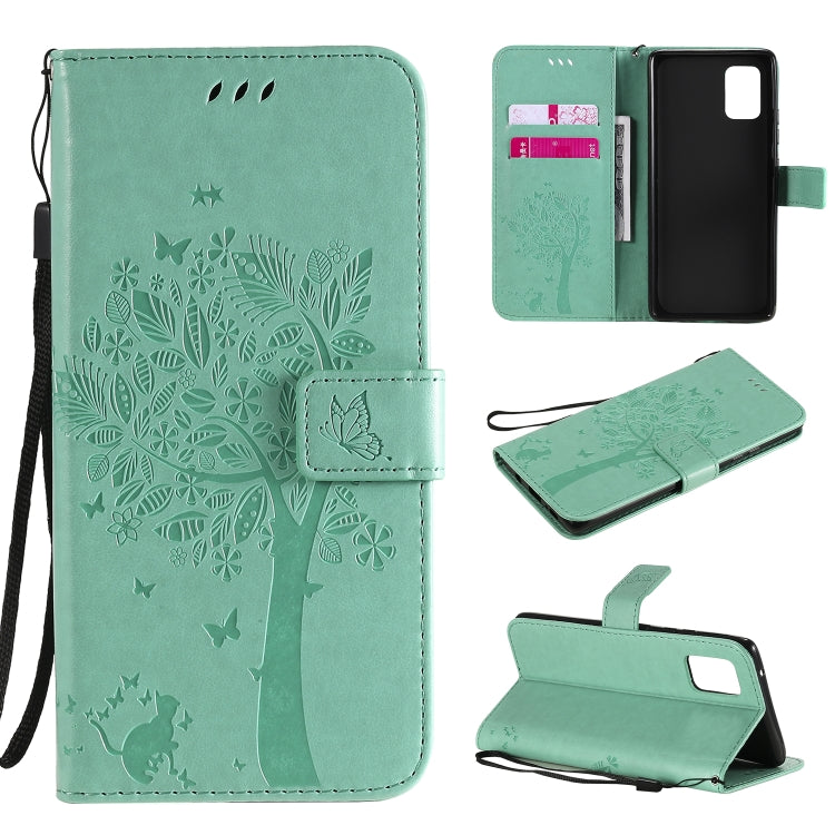 For Samsung Galaxy A71 5G Tree & Cat Embossed Pattern Horizontal Flip Leather Case with Holder & Card Slots & Wallet & Lanyard