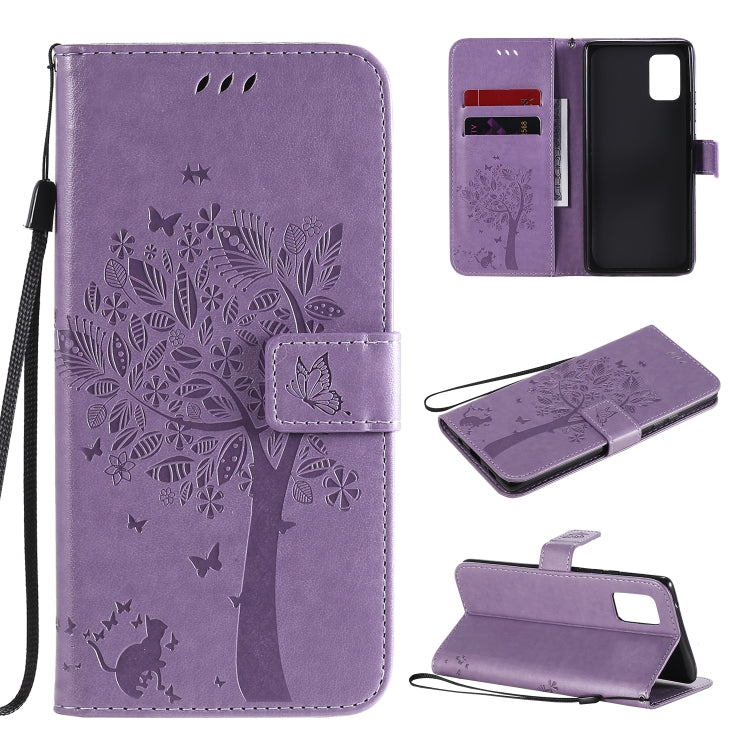 For Samsung Galaxy A71 5G Tree & Cat Embossed Pattern Horizontal Flip Leather Case with Holder & Card Slots & Wallet & Lanyard
