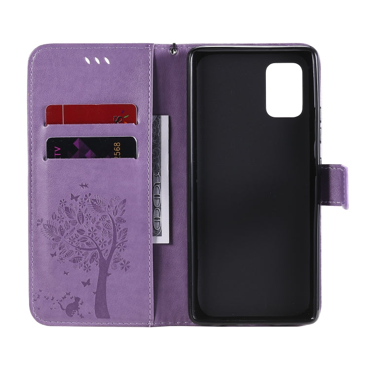 For Samsung Galaxy A71 5G Tree & Cat Embossed Pattern Horizontal Flip Leather Case with Holder & Card Slots & Wallet & Lanyard