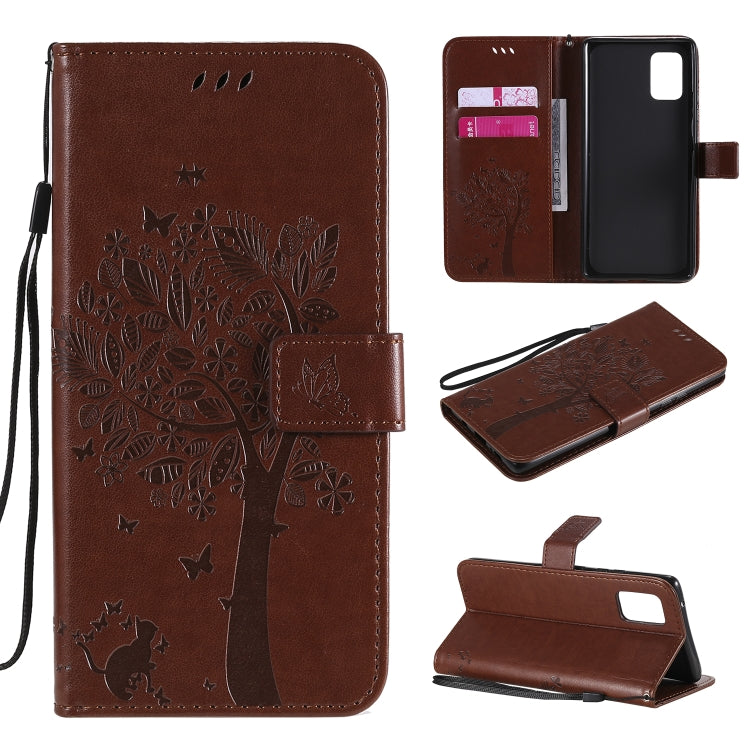 For Samsung Galaxy A71 5G Tree & Cat Embossed Pattern Horizontal Flip Leather Case with Holder & Card Slots & Wallet & Lanyard