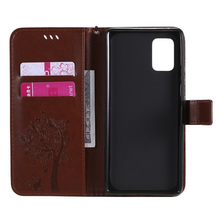 For Samsung Galaxy A71 5G Tree & Cat Embossed Pattern Horizontal Flip Leather Case with Holder & Card Slots & Wallet & Lanyard