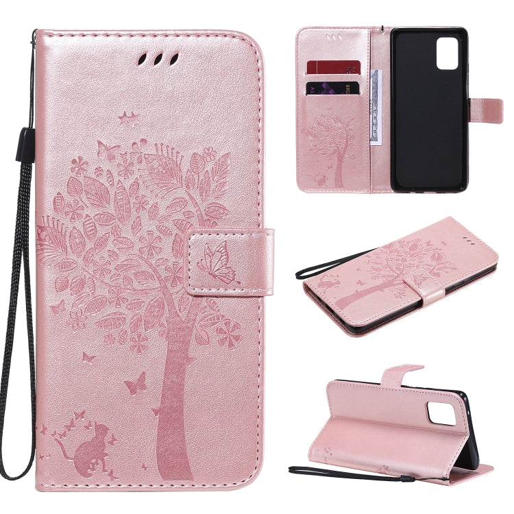 For Samsung Galaxy A71 5G Tree & Cat Embossed Pattern Horizontal Flip Leather Case with Holder & Card Slots & Wallet & Lanyard