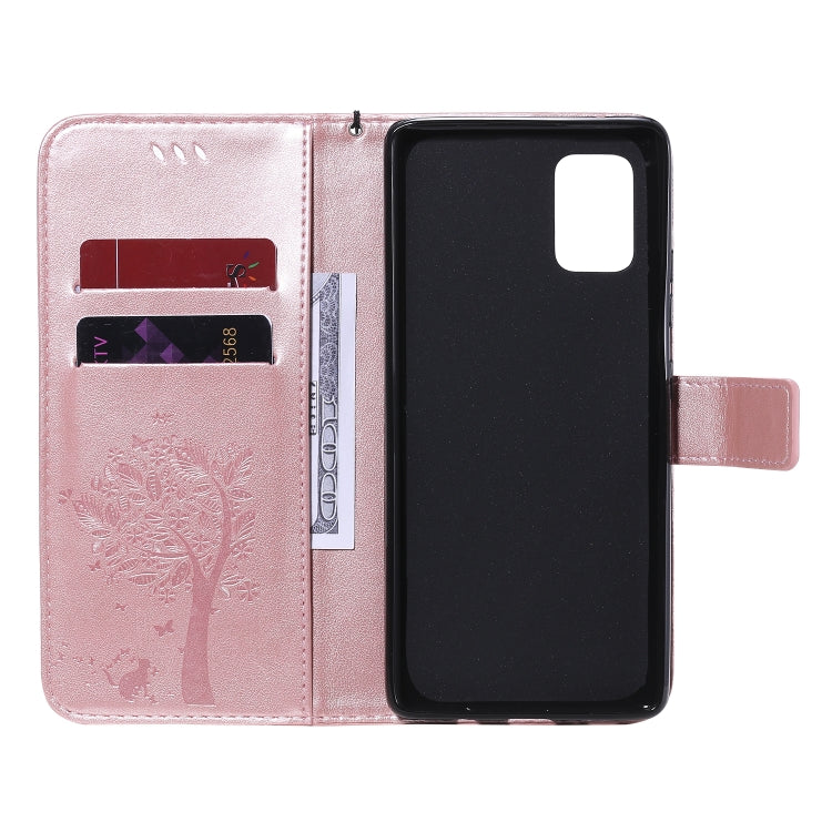 For Samsung Galaxy A71 5G Tree & Cat Embossed Pattern Horizontal Flip Leather Case with Holder & Card Slots & Wallet & Lanyard