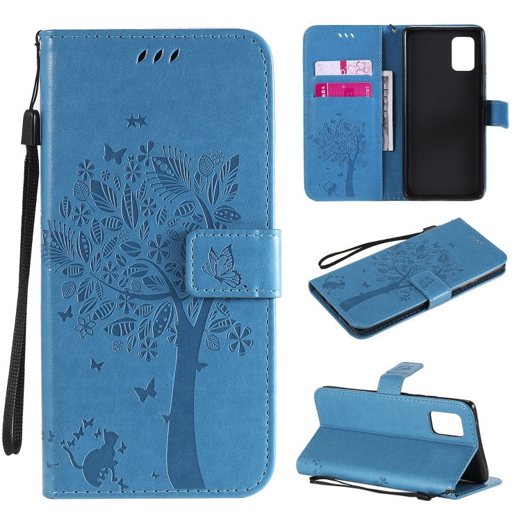 For Samsung Galaxy A71 5G Tree & Cat Embossed Pattern Horizontal Flip Leather Case with Holder & Card Slots & Wallet & Lanyard