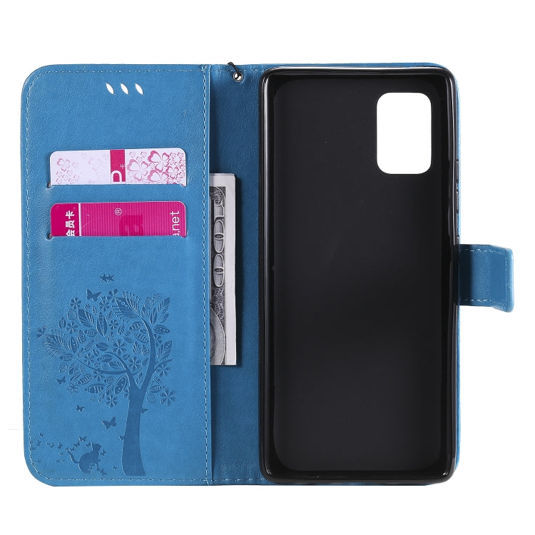 For Samsung Galaxy A71 5G Tree & Cat Embossed Pattern Horizontal Flip Leather Case with Holder & Card Slots & Wallet & Lanyard