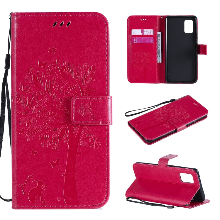 For Samsung Galaxy A71 5G Tree & Cat Embossed Pattern Horizontal Flip Leather Case with Holder & Card Slots & Wallet & Lanyard
