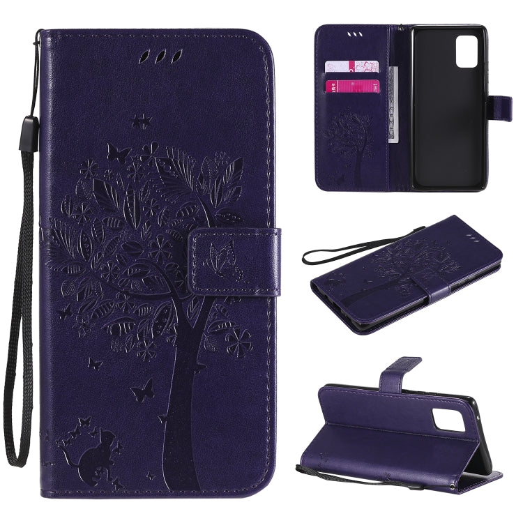 For Samsung Galaxy A71 5G Tree & Cat Embossed Pattern Horizontal Flip Leather Case with Holder & Card Slots & Wallet & Lanyard