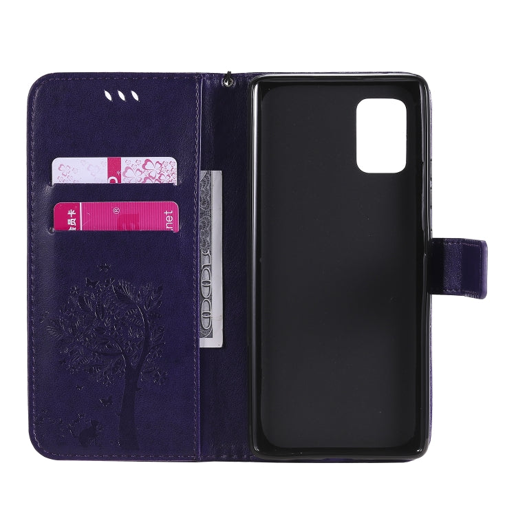 For Samsung Galaxy A71 5G Tree & Cat Embossed Pattern Horizontal Flip Leather Case with Holder & Card Slots & Wallet & Lanyard